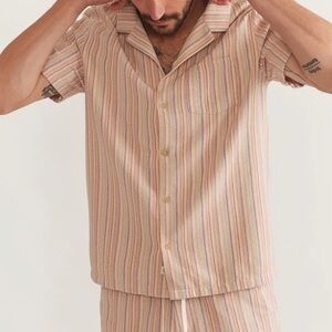 Marine Layer Caleb Resort Shirt Men Pink Stripes Short Sleeve Knit